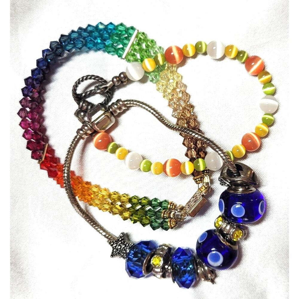 Vtg Rainbow Glass Crystal Bracelet Lot Multicolored Stacking Small-Medium Wrist